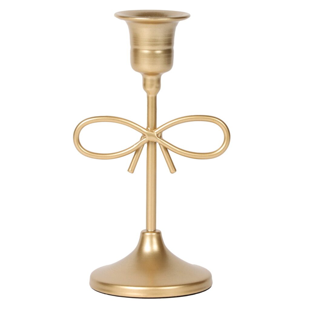 Home Decor Collection Sterling & Noble Home Gold Metal 5.91" Indoor Tabletop Taper Candleholder with Bow Accent