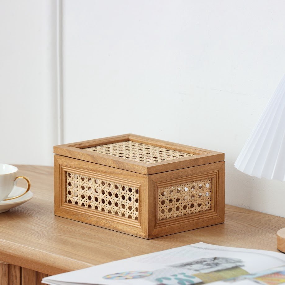 Home Decor Collection Sterling & Noble Home Oblong Rattan and Wood Decorative Tabletop Box