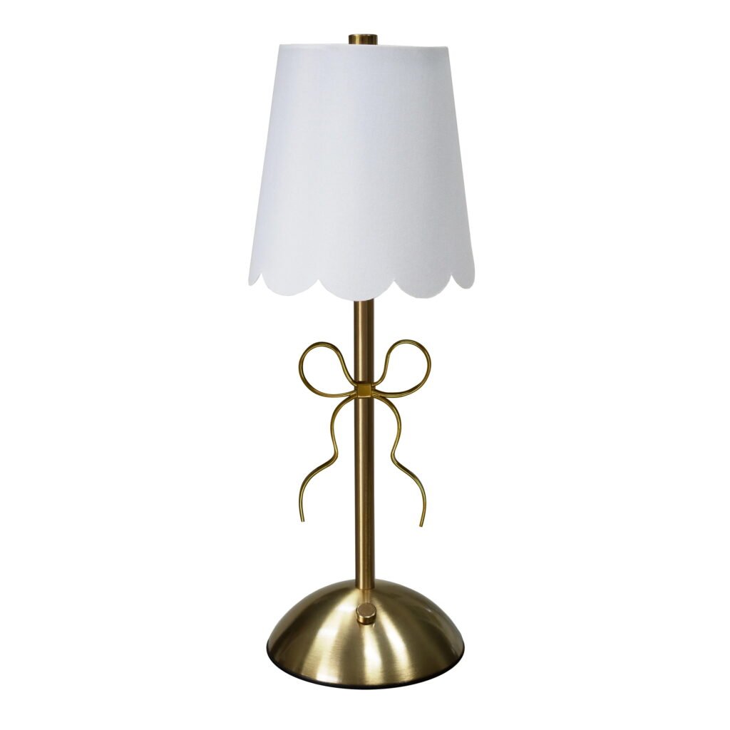 Home Decor Collection Sterling & Noble Home Tabletop LED Touch Lamp with Scalloped White Fabric Shade and Gold Metal Bow Accent