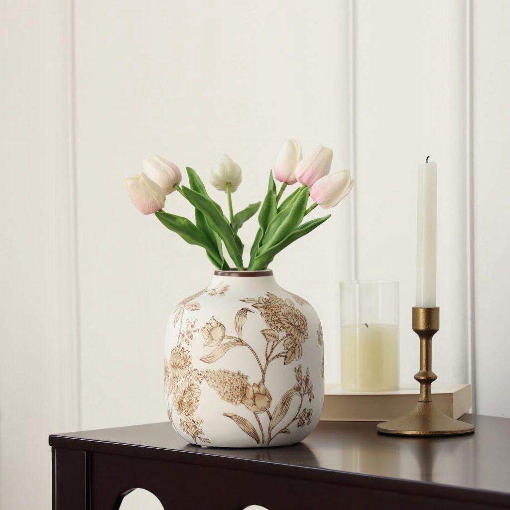 Home Decor Collection Sterling & Noble Home White Ceramic Brown Floral Painted Tabletop Vase
